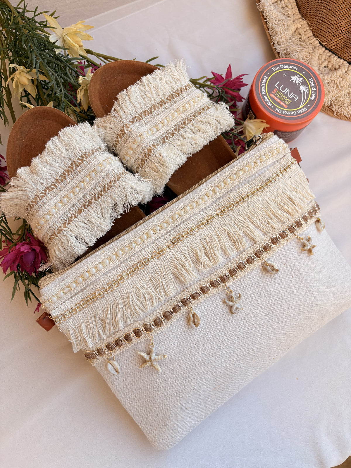 Pearl Fringe Seashell Macramé Slipper & Clutch Set