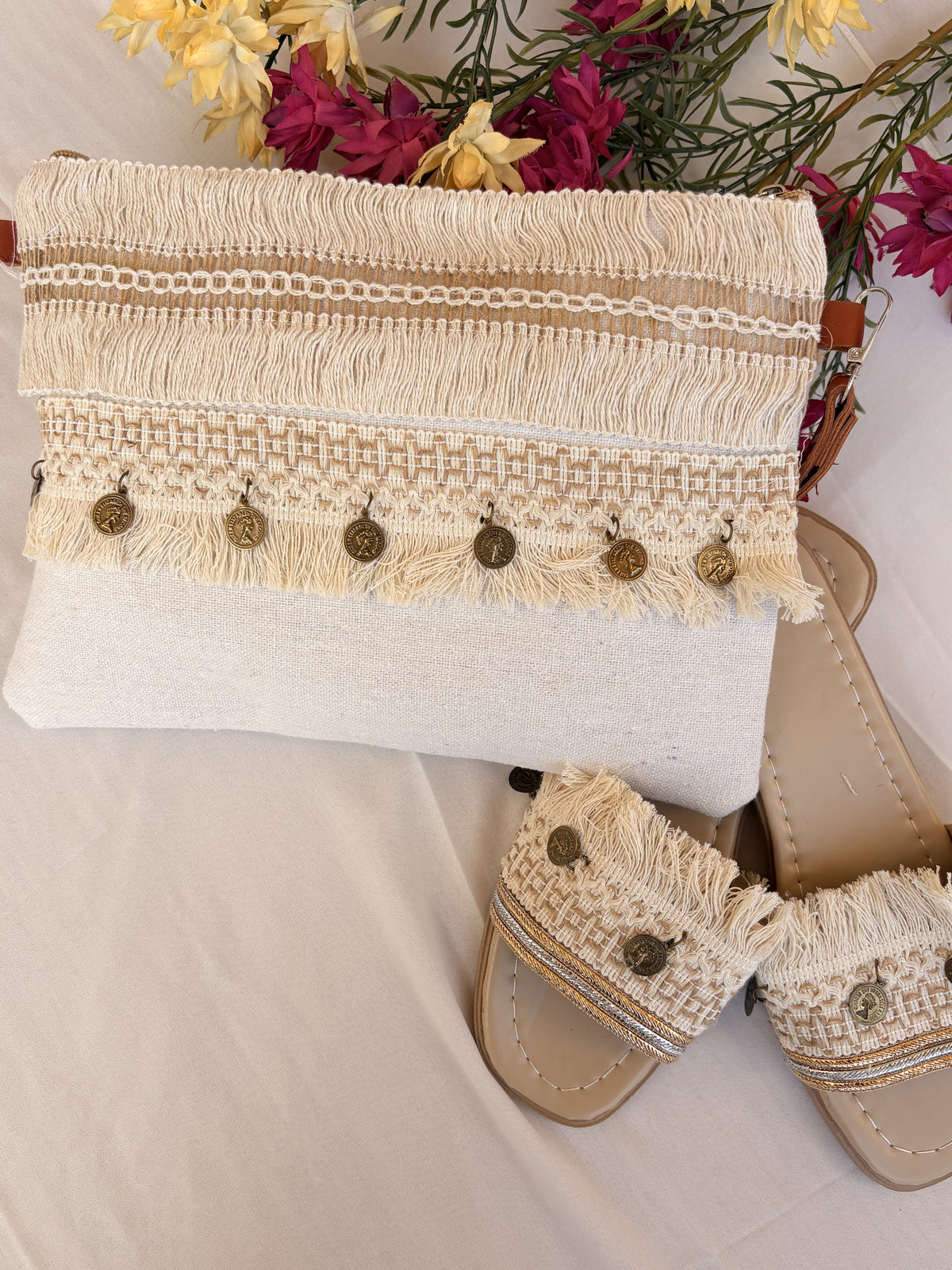 Ivory Coin-Trim Macramé Slipper & Clutch Set