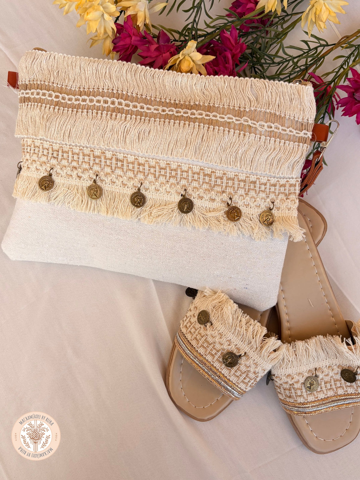 Ivory Coin-Trim Macramé Slipper & Clutch Set