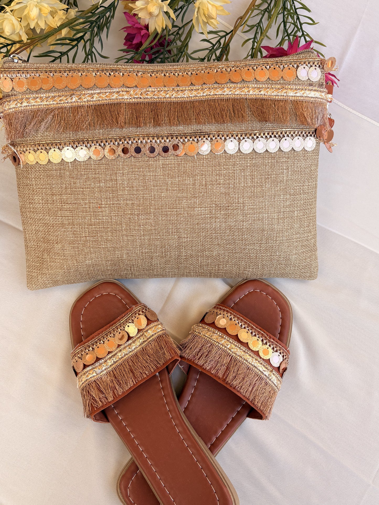 Natural Beige Woven-Trim Slipper & Clutch Set
