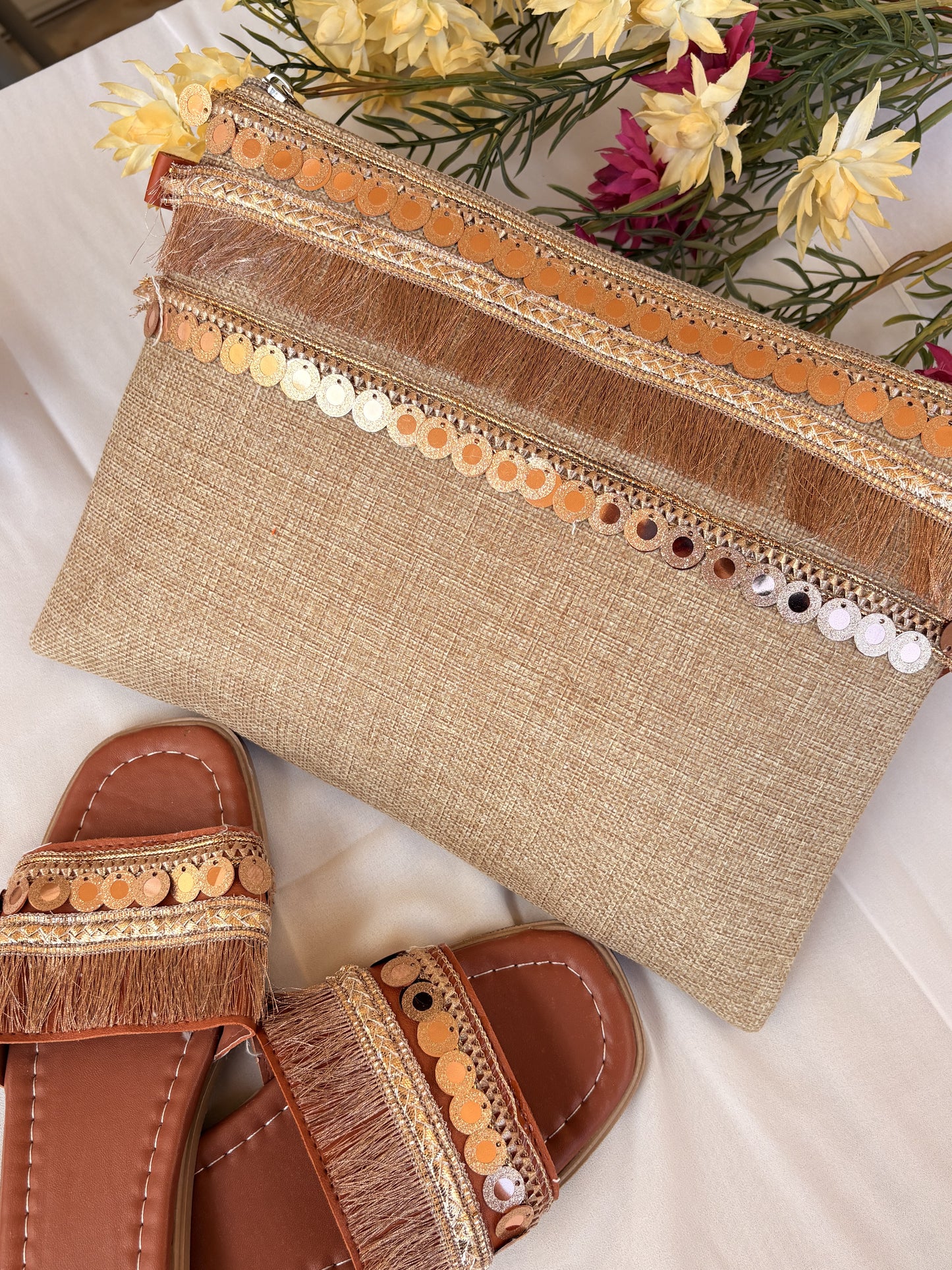 Natural Beige Woven-Trim Slipper & Clutch Set