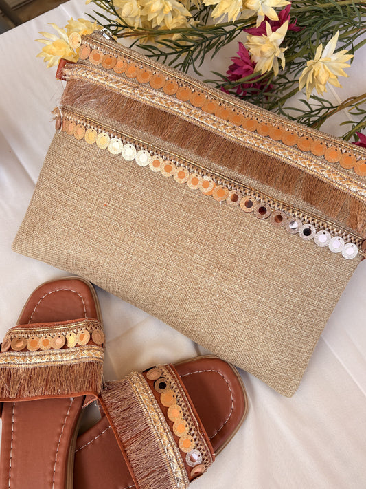 Natural Beige Woven-Trim Slipper & Clutch Set