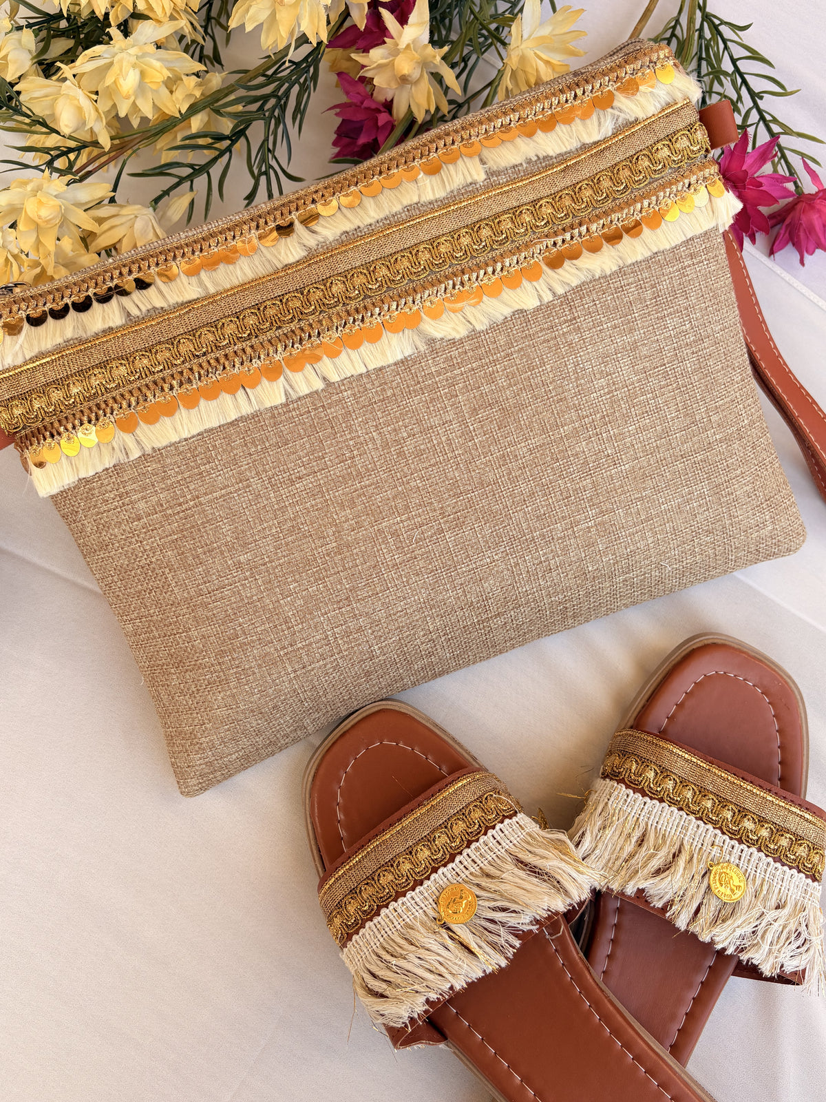 Natural Beige and Gold Woven-Trim Slipper & Clutch Set