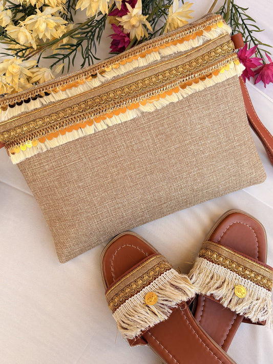Natural Beige and Gold Woven-Trim Slipper & Clutch Set