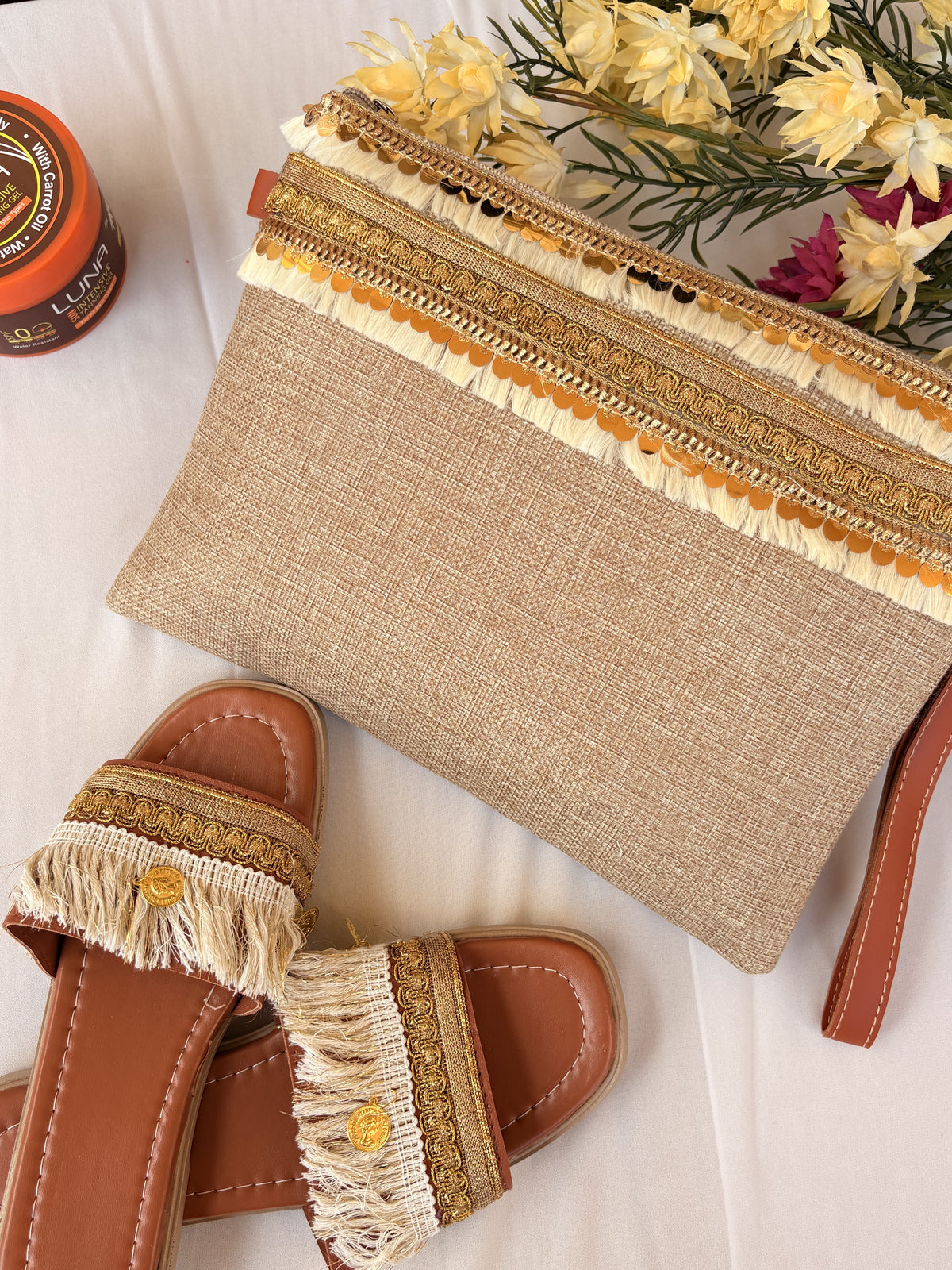 Natural Beige and Gold Woven-Trim Slipper & Clutch Set