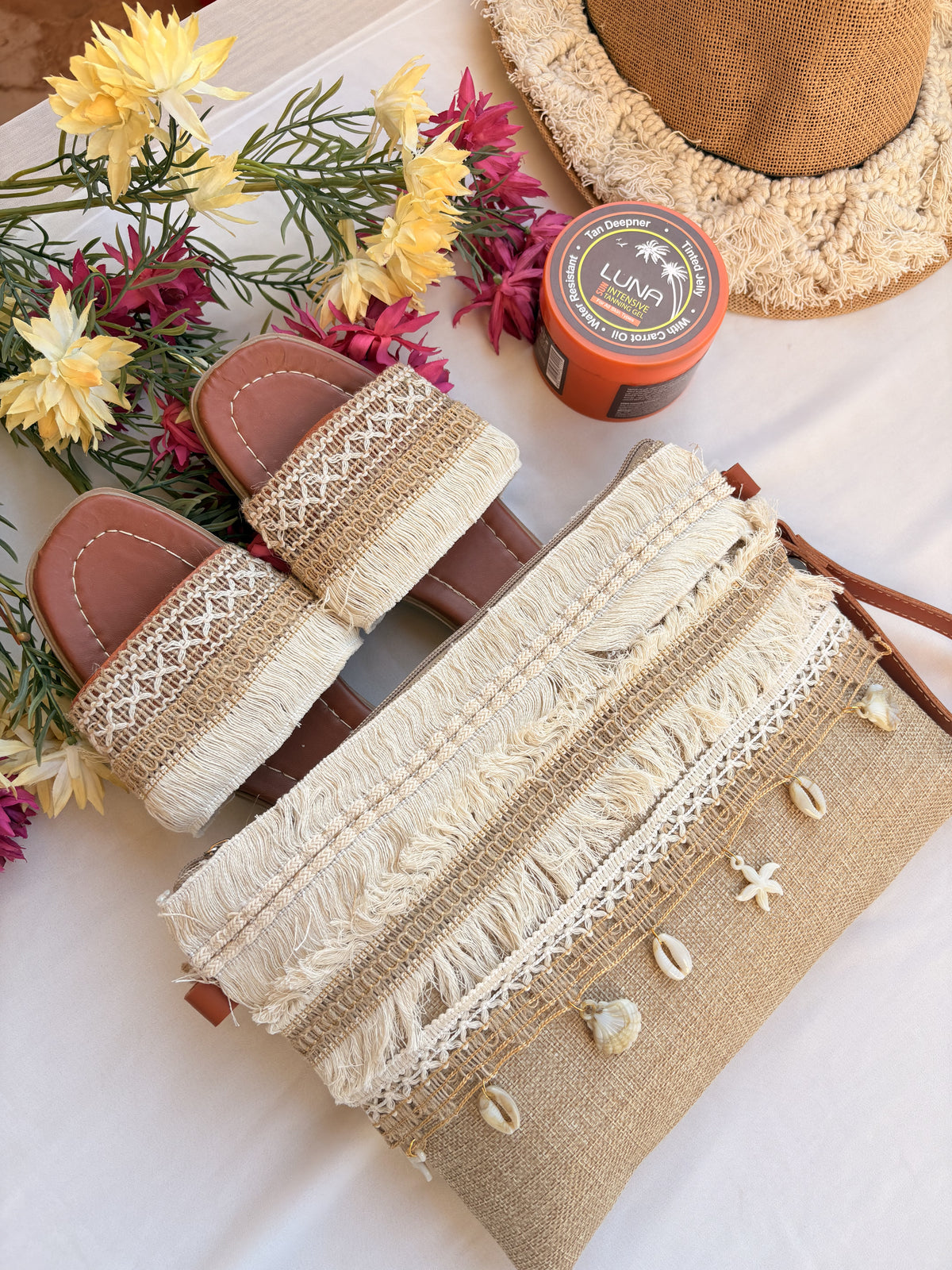 Coastal Shell Fringe Macramé Slipper & Clutch Set
