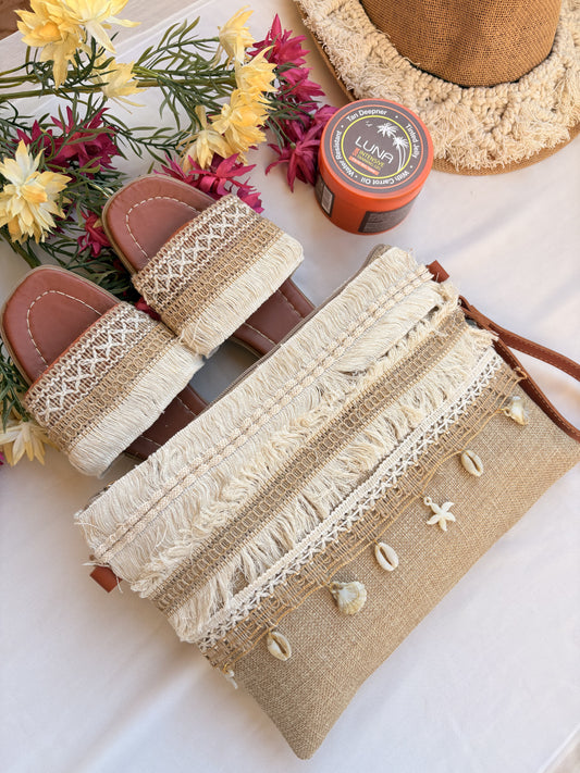 Coastal Shell Fringe Macramé Slipper & Clutch Set