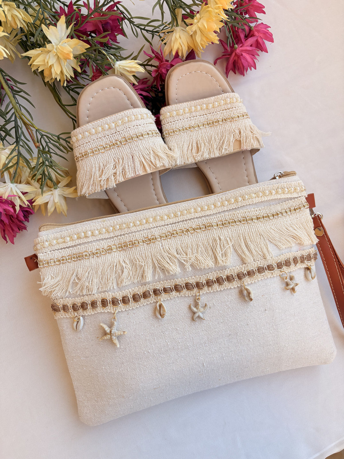 Ivory Fringe Charm Macramé Slipper & Clutch Set