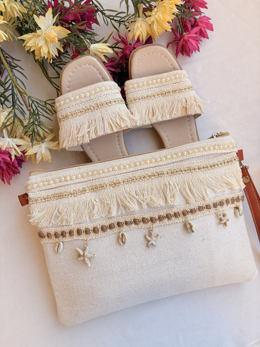Ivory Fringe Charm Macramé Slipper & Clutch Set