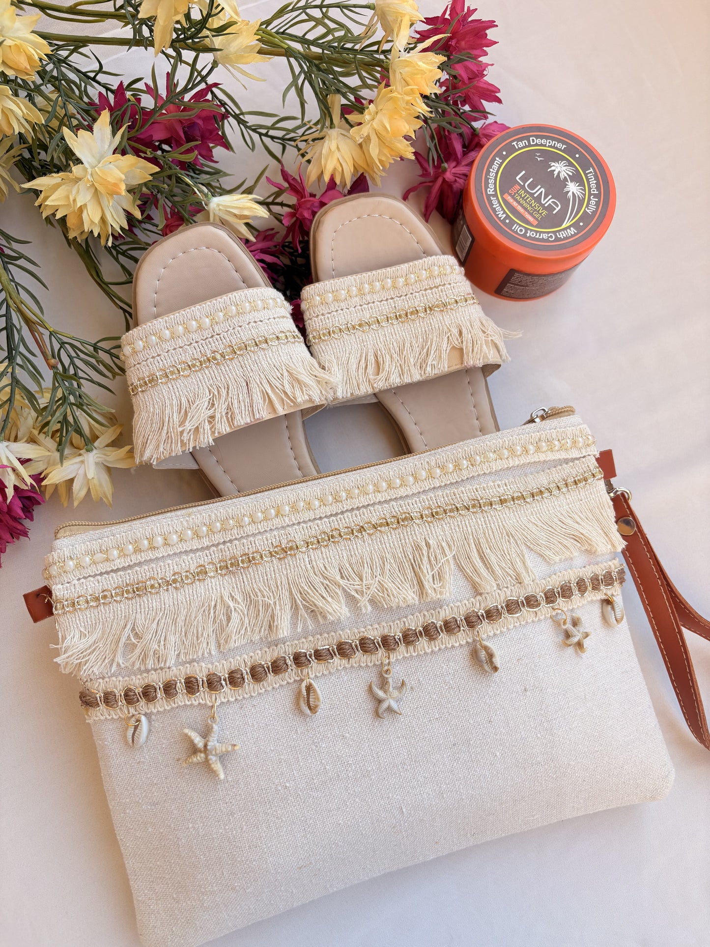 Ivory Fringe Charm Macramé Slipper & Clutch Set