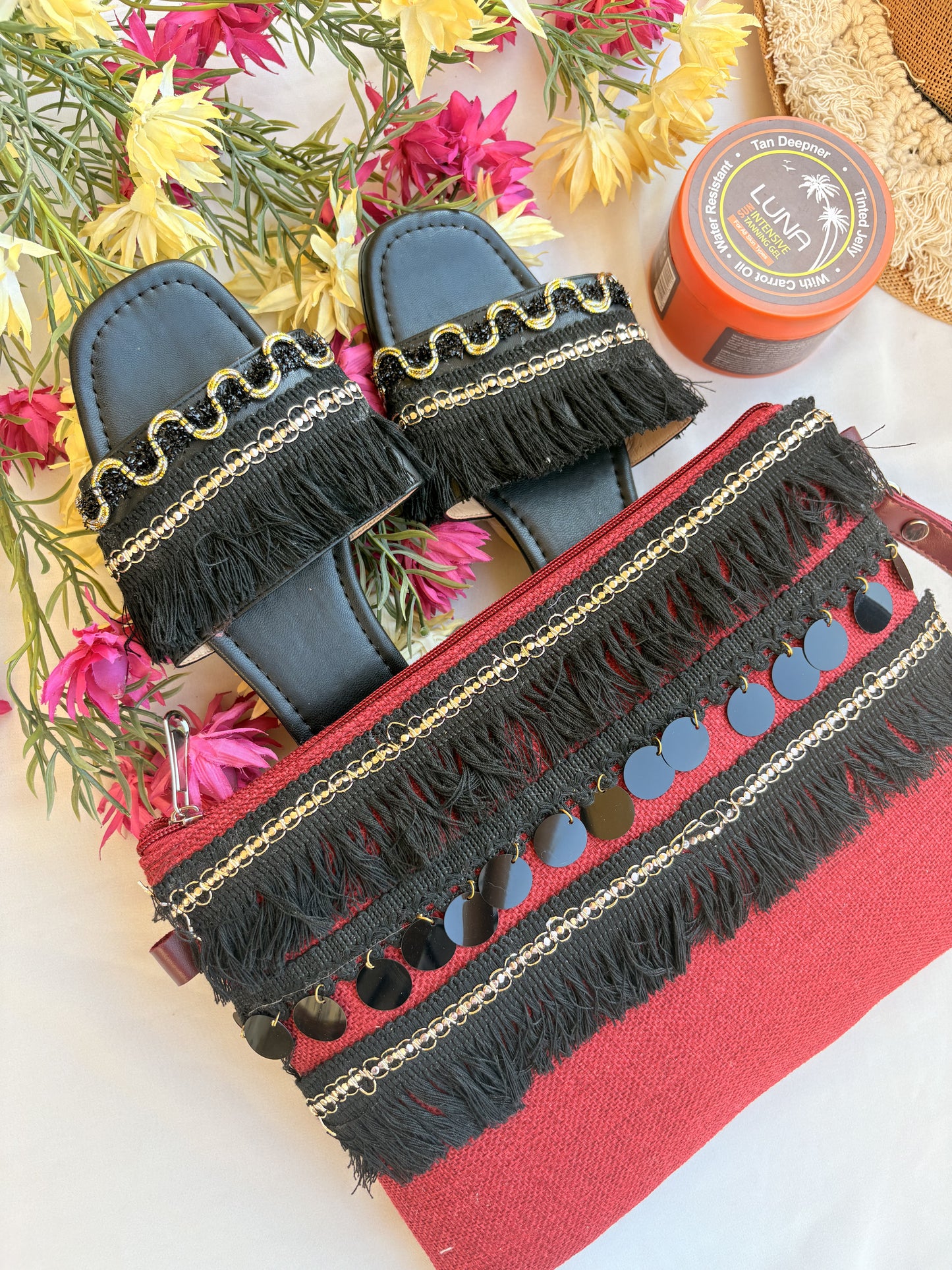 Black and Red Striped Macramé Slipper & Clutch Set