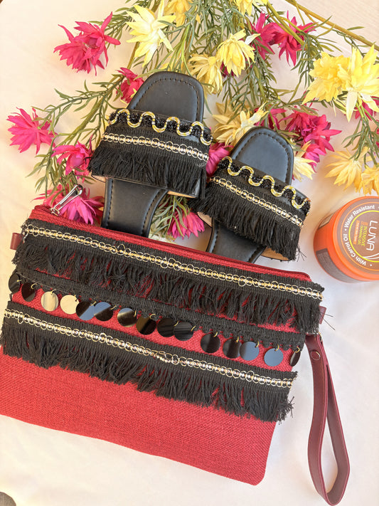 Black and Red Striped Macramé Slipper & Clutch Set