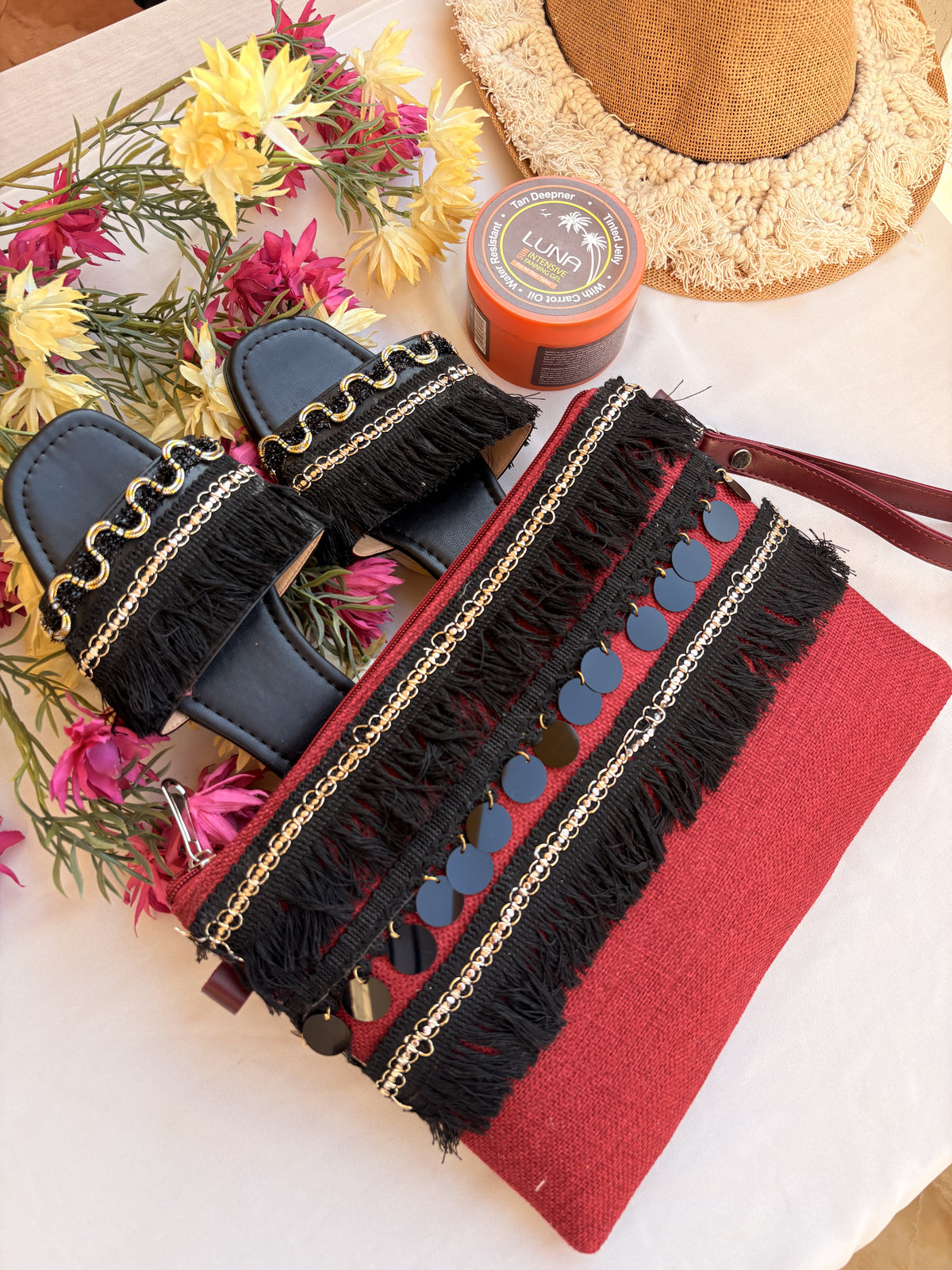 Black and Red Striped Macramé Slipper & Clutch Set