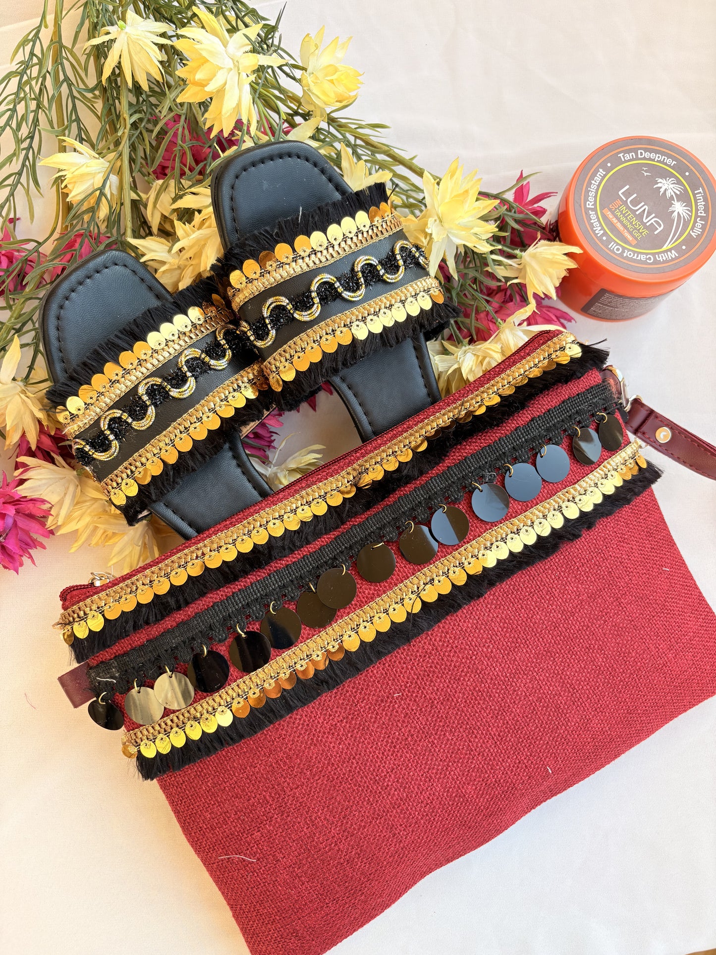 Red Black Gold Sequin Fringe Macramé Slipper & Clutch Set
