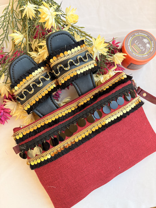 Red Black Gold Sequin Fringe Macramé Slipper & Clutch Set