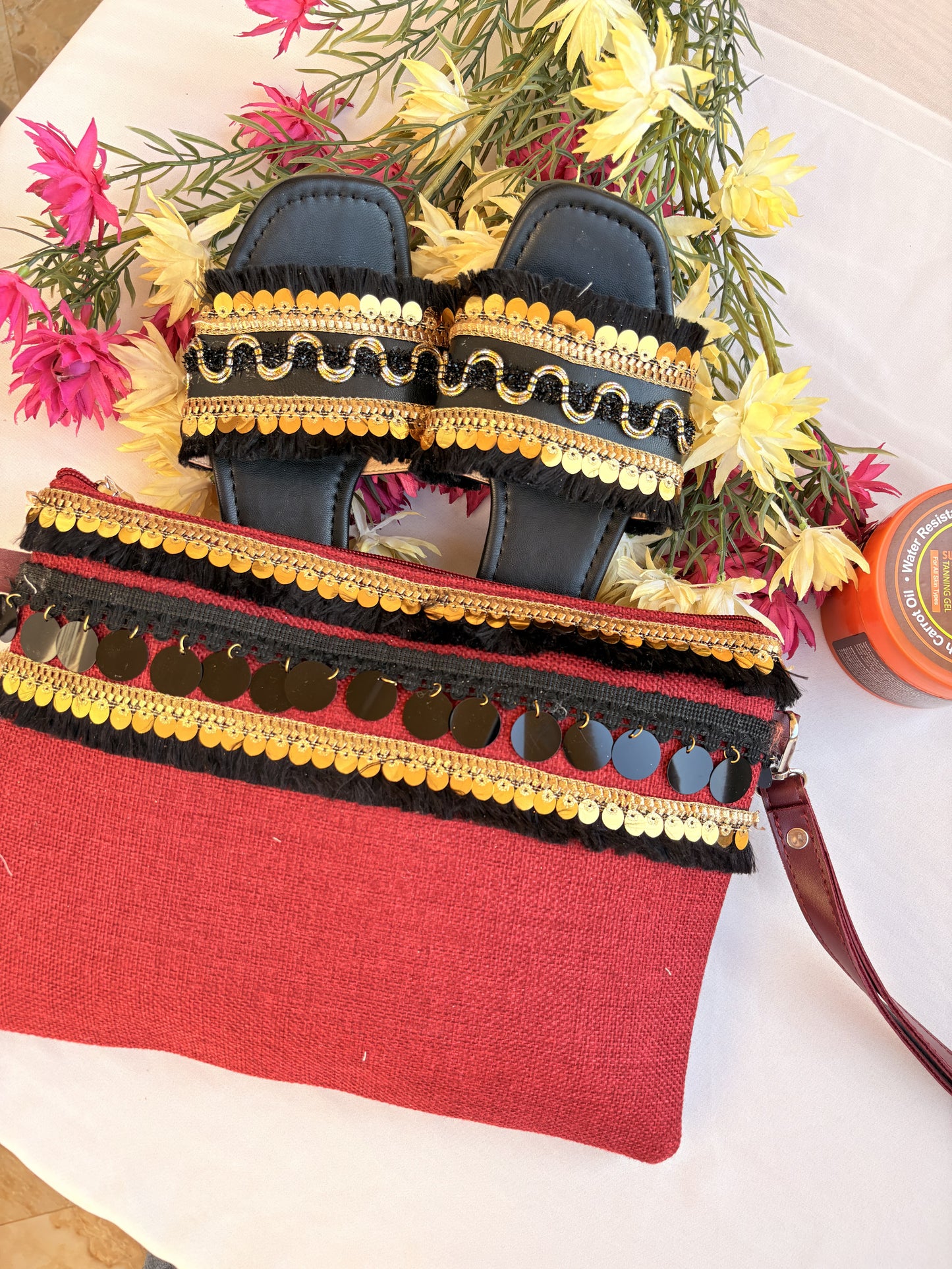 Red Black Gold Sequin Fringe Macramé Slipper & Clutch Set
