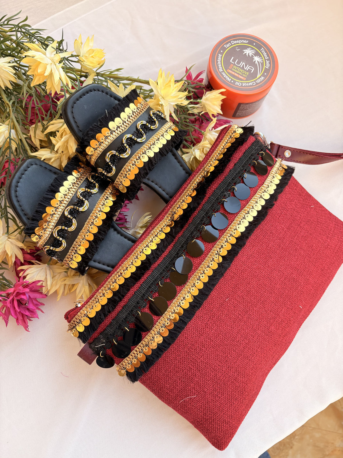 Red Black Gold Sequin Fringe Macramé Slipper & Clutch Set