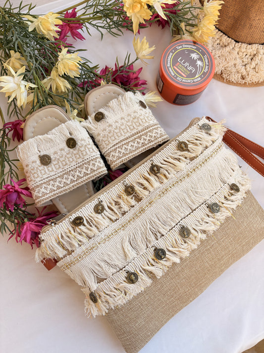 Ivory Circular-Accent Macramé Slipper & Clutch Set