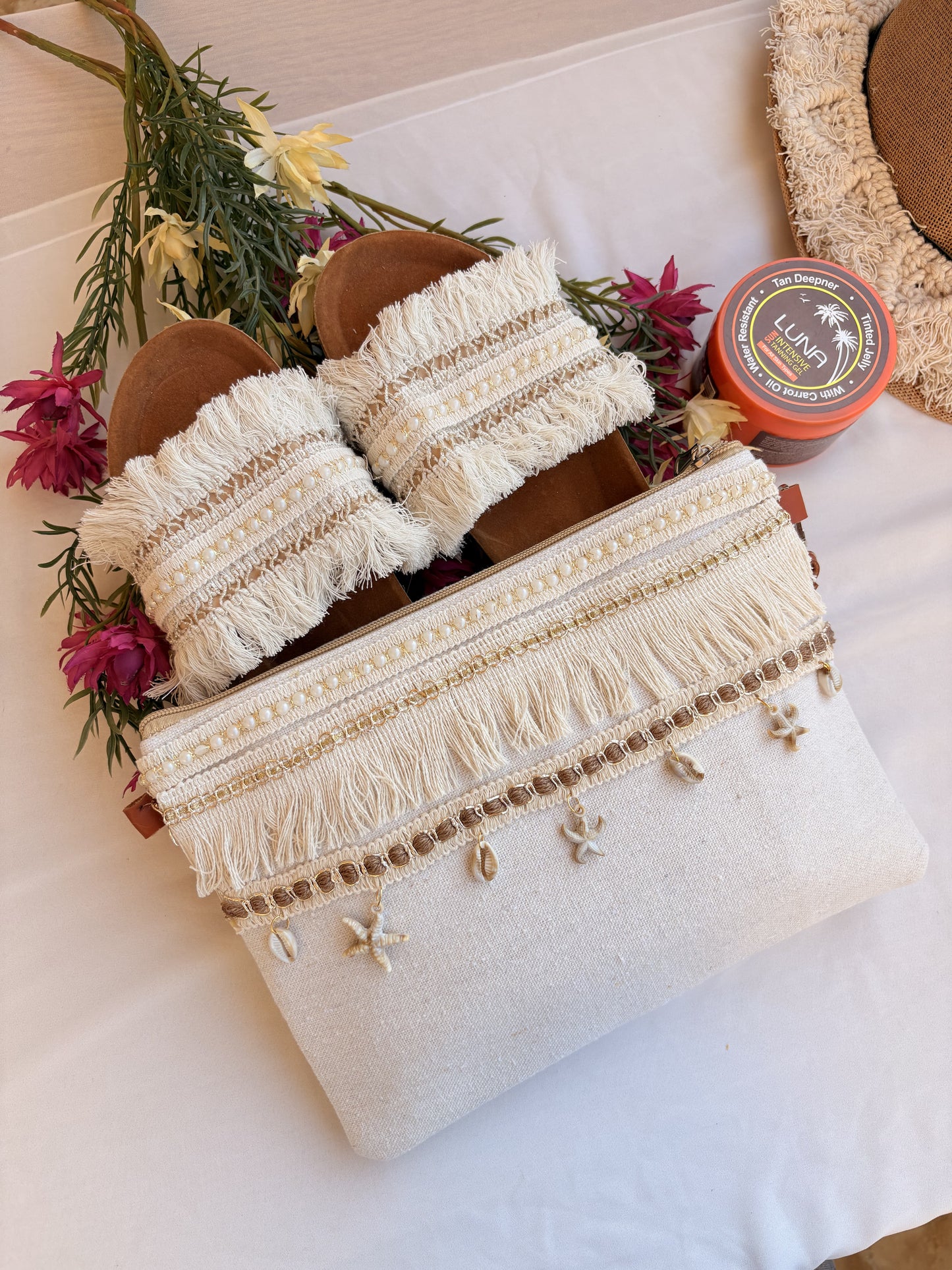 Pearl Fringe Seashell Macramé Slipper & Clutch Set