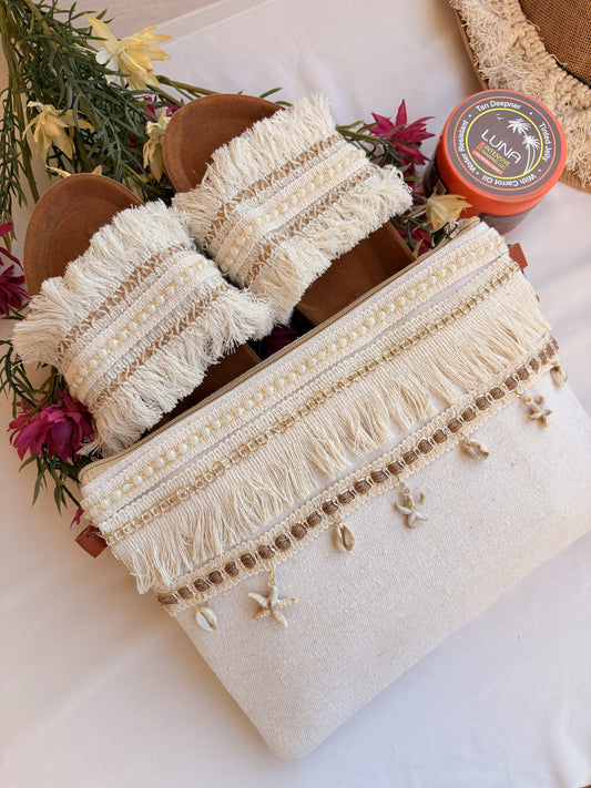 Pearl Fringe Seashell Macramé Slipper & Clutch Set