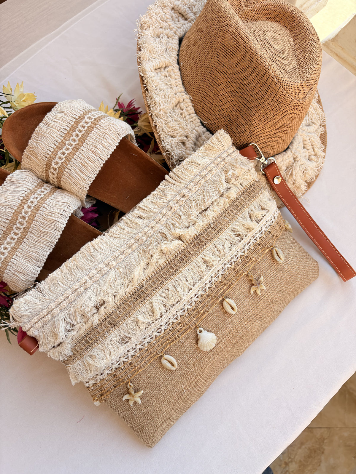 Tan Fringe Macramé Slipper, Clutch & Hat Set