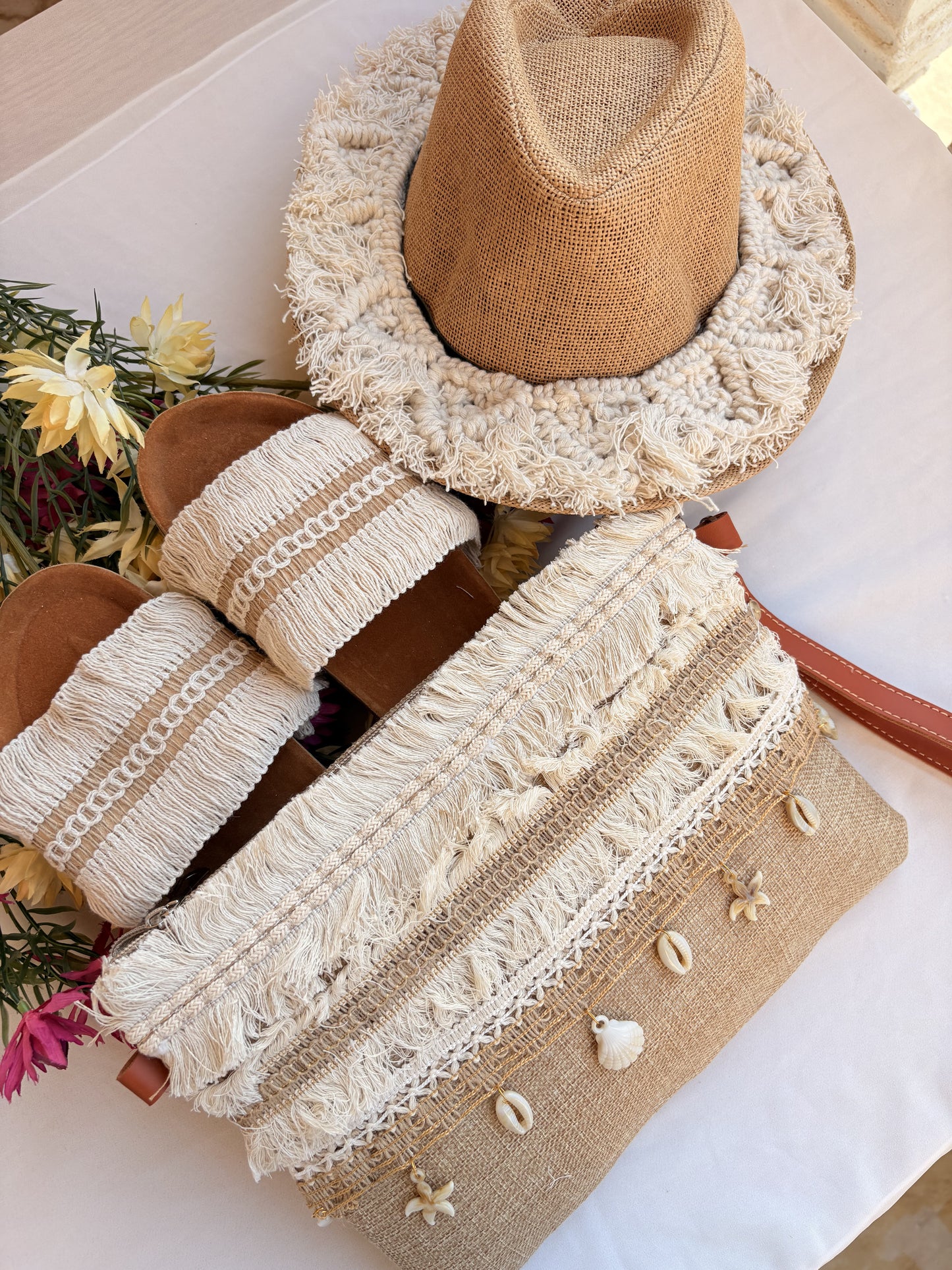 Tan Fringe Macramé Slipper, Clutch & Hat Set
