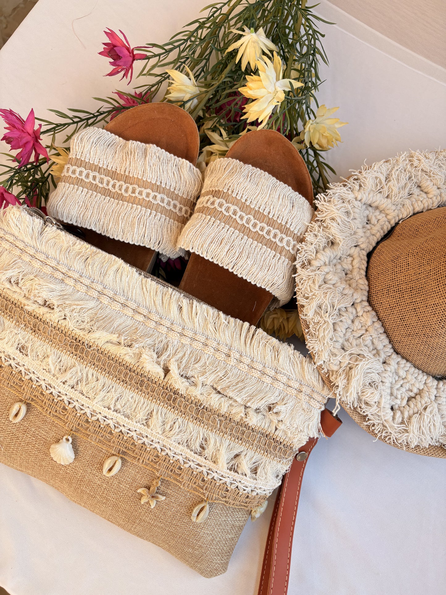 Tan Fringe Macramé Slipper, Clutch & Hat Set