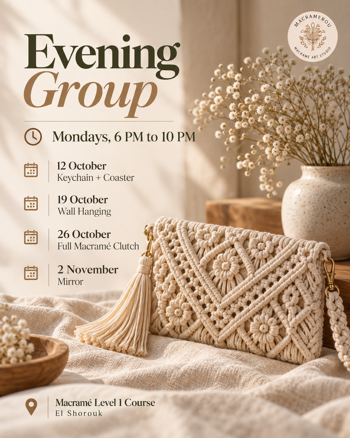 Macramé Level 1 Course, El Shorouk - EVENING GROUP